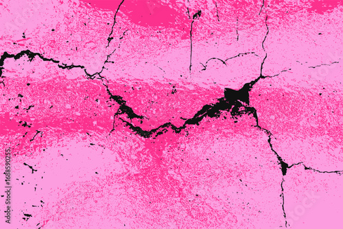 Pink paint on the wall. Cracked concrete wall surface in pink and black colors. Grunge granite texture background. Vector illustration