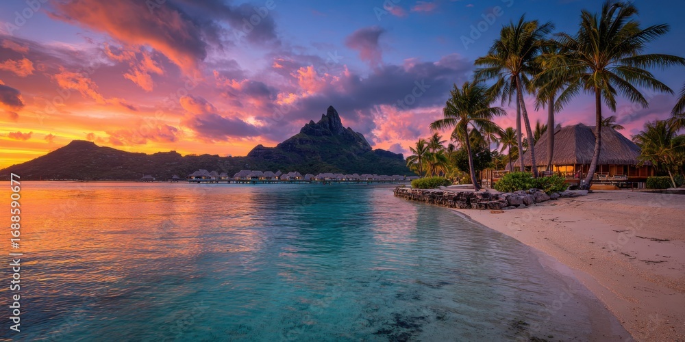 Naklejka premium Tropical paradise at sunset. Vivid colors paint the sky over a tranquil island beach with overwater bungalows