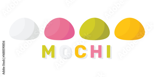 Set Mochi colored on white background. Japanese traditional sweet soft dessert. Bento mochi dish. Ball of rice flour with bean paste. Vector illustration with healthy sweet snack.