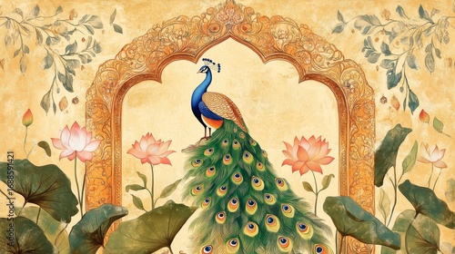 51.A stunning pichwai illustration featuring a traditional Mughal garden, complete with vibrant peacocks gracefully perched among lush, blooming lotus flowers. The design is framed by an intricate