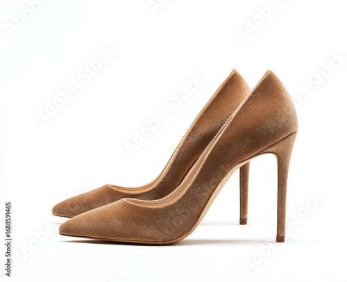 A pair of light brown, pointed-toe stiletto heels in soft velvet, positioned slightly offset against a stark white backdrop