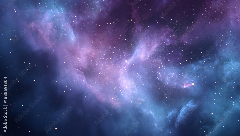 Fototapeta premium Deep space nebula, swirling clouds of vibrant purples, blues, and pinks. Scattered, glittering stars