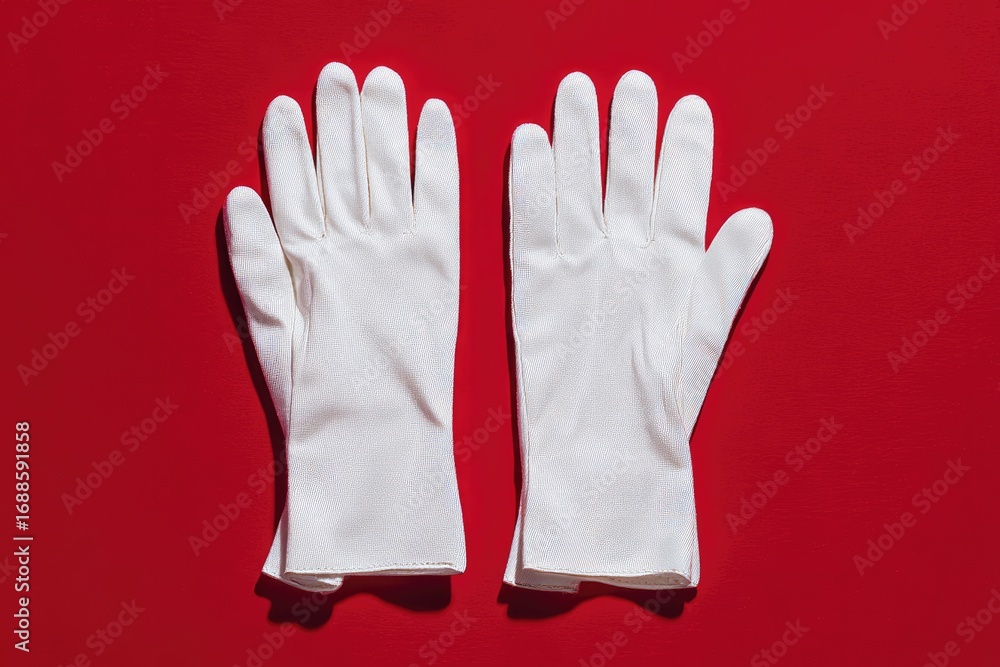 Obraz premium A pair of pristine white gloves lay flat against a vibrant red background, casting subtle shadows