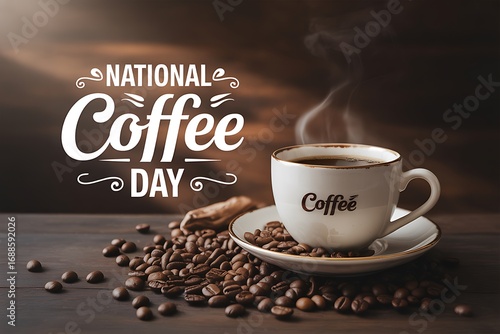 Steaming coffee cup with roasted beans celebrates National Coffee Day in cozy, warm setting