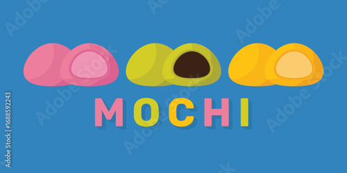 Set Mochi colored on white background. Japanese traditional sweet soft dessert. Bento mochi dish. Ball of rice flour with bean paste. Vector illustration with healthy sweet snack.