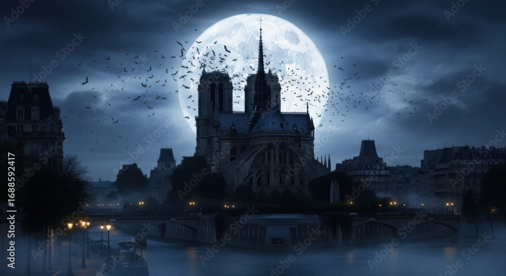 Naklejka premium Gothic Cathedral Under Full Moon with Birds Flying Night Scene in Dark Sky