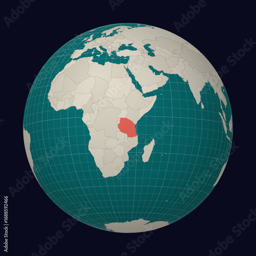 United Republic of Tanzania on the map. Globe centered to Tanzania. Country location on the world map. Teal Pale Mint color palette. Globe with countries, meridians and parallels.