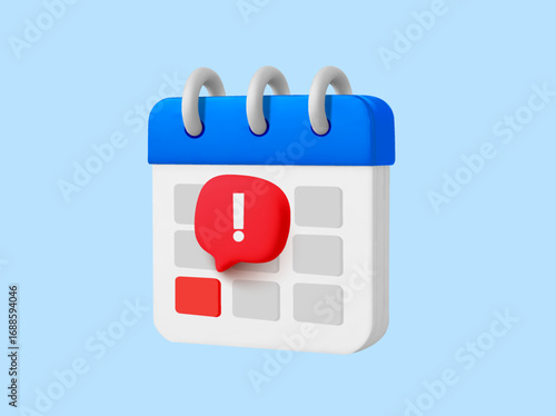 3D calendar reminder with a red exclamation mark notification, blue top binding, and highlighted date, isolated on light blue background. 3d calendar notification icon in vector illustration. Vector