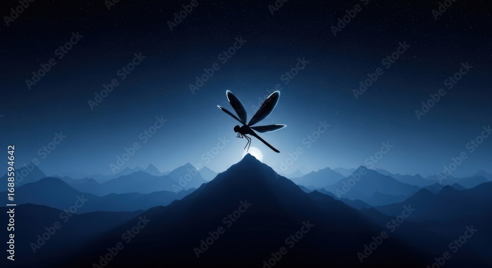 Naklejka premium Large Dragonfly Resting on Mountain Peak Under Starry Night Sky in Silhouette