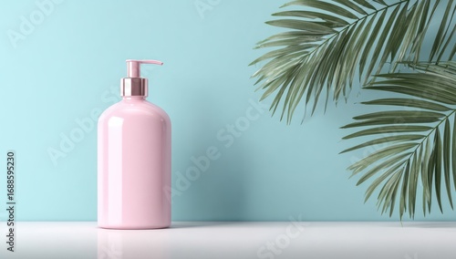 A pale pink, glossy pump bottle sits on a white surface against a light blue background, with a palm frond partially in view to the right