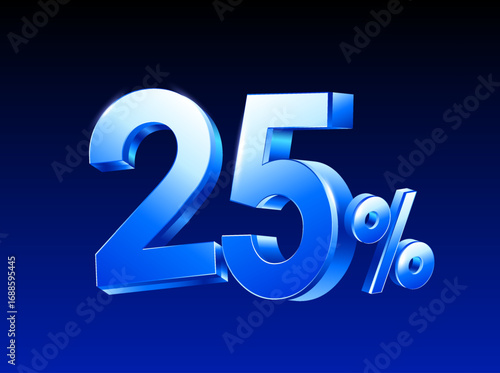 3d 25% or 25 percent rendered in blue metal style, vector illustration. Twenty five percent icon in 3d vector. Vector illustration