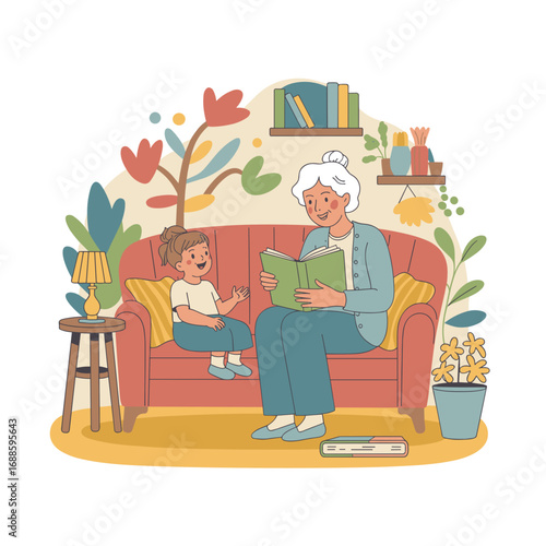 Grandmother Reading a Storybook to Granddaughter Illstration