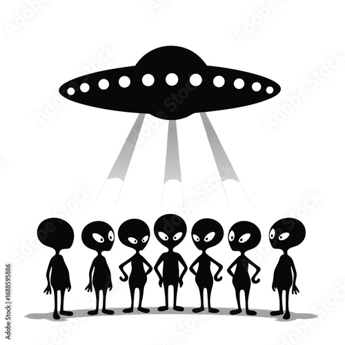 Black aliens gathered under a flying saucer with light beams
