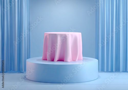 A pale pink tablecloth drapes a round table on a light blue pedestal, all set against a backdrop of light blue curtains