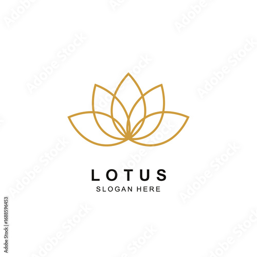 Minimalist line art illustration of a golden lotus flower with text "LOTUS" and "SLOGAN HERE" beneath it, centered on a white background.