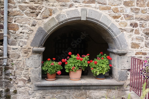 Blumen an einem Fenster in Saint-Floret