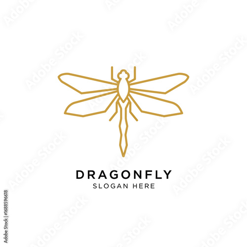 A simple, elegant gold monoline logo of a dragonfly with its wings spread, shown on a clean white background with sample text.