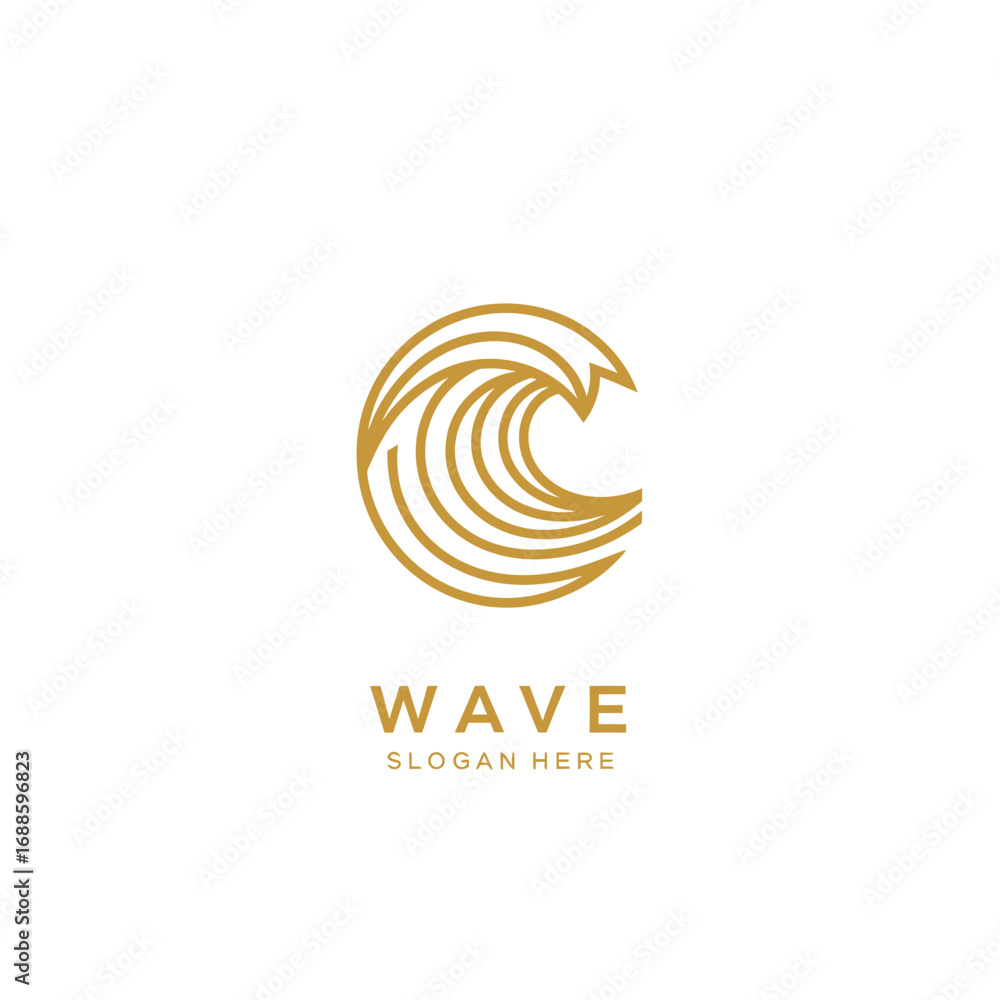 Obraz premium Minimalist golden line art logo depicting a stylized circular ocean wave with 