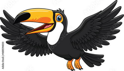 Colorful Cartoon Toucan Bird with Big Beak and Open Wings Flying Isolated on White Background, Fun Vector for Kids DesignsColorful Cartoon Toucan Bird with Big Beak and Open Wings Flying Isolated 