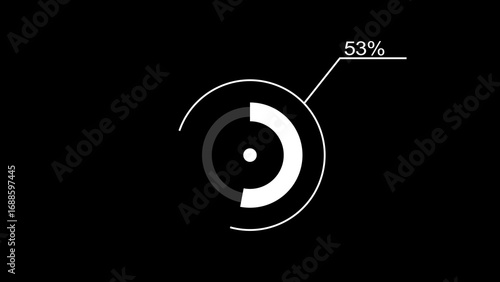 A dynamic circle loading illustration, is loading from 1 to 53 and on a black background .	