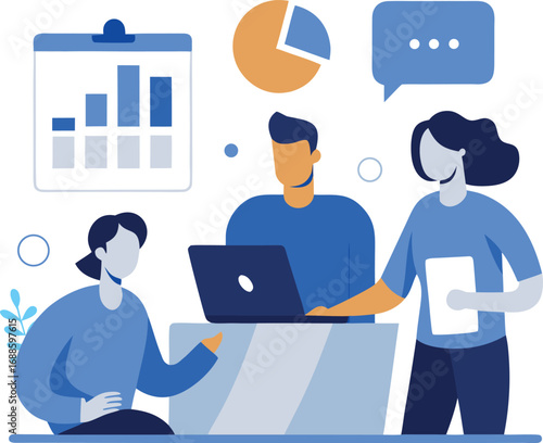 Vector illustrations of a business icon set with a diverse group of people working together in an office