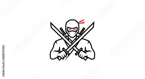 A minimalist line art illustration of a ninja warrior holding two crossed swords, with a red headband accent.