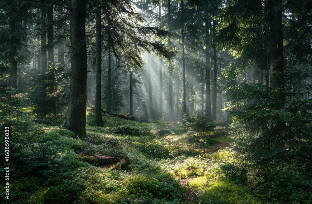 Obraz premium Sunbeams pierce a misty forest floor, illuminating a path. Lush greenery carpets the forest floor, contrasting with the dark, towering trees