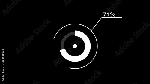 A dynamic circle loading illustration, is loading from 1 to 71 and on a black background .	