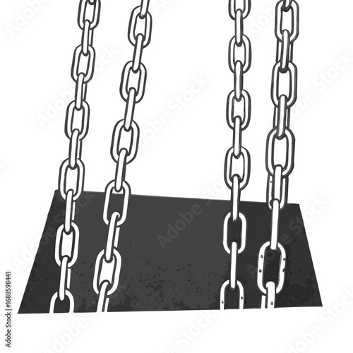 Monochrome vector illustration of chains holding a swing seat isolated on white background