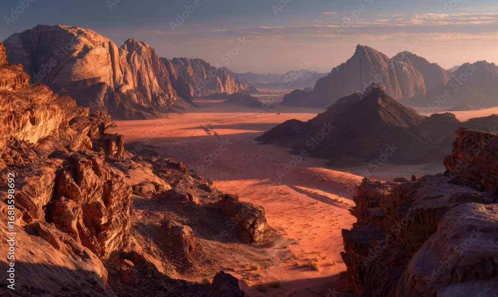 Obraz premium Desert mountain vista at sunrise. Vast, rocky landscape with vibrant colors. Reddish-orange sandstone peaks and canyons. Golden light bathes the scene