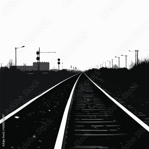 Black and white railway tracks leading to distant signals