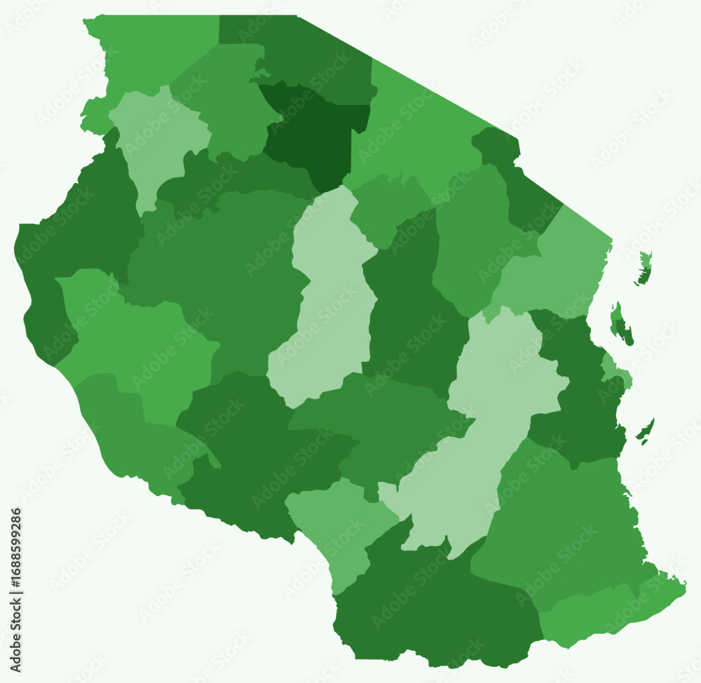 Fototapeta premium Map of Tanzania with regions. Just a simple country border map with region division. Green color palette. Flat United Republic of Tanzania shape with administrative division. Vector illustration.