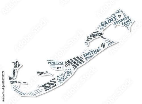 Bermuda shape text cloud. Country border with shadow on white background. Bermuda with regions division in vintage gazette style. Stylish vector illustration.
