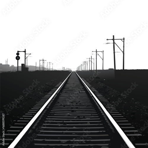 Black and white railway tracks receding into the distance