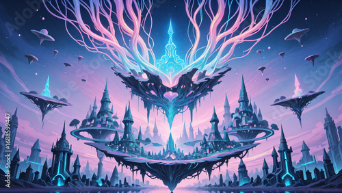 Fantasy city blending technology and nature