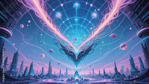 Fantasy city blending technology and nature