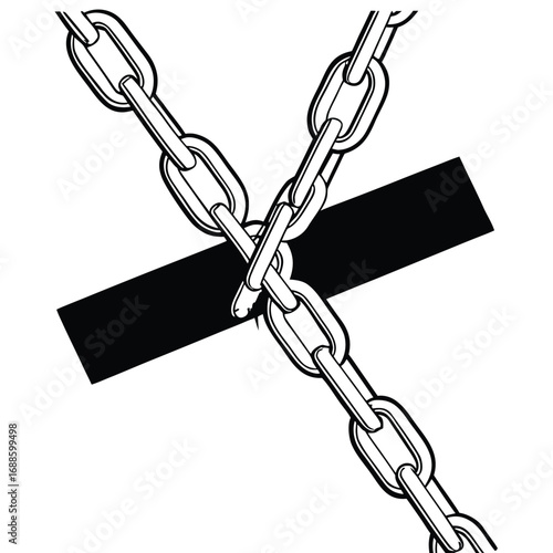 Two metal chains are crossing each other in an x shape over a black rectangle isolated on white background