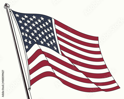 Waving American Flag Illustration With Stars and Stripes On White Background Keywords: american flag, usa, united states, flag, stars and stripes, patriotism, freedom, democracy, national symbol