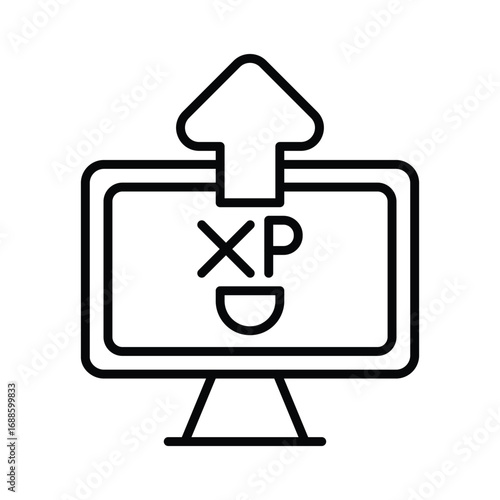 A computer monitor displaying XP and an upward arrow are rendered in a thick black line. Editable stroke. Vector icon illustration