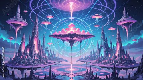 Fantasy city blending technology and nature