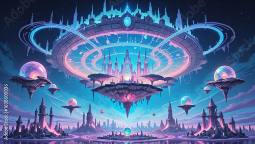 Fantasy city blending technology and nature