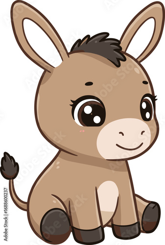Cute Baby Donkey Sitting and Smiling – Adorable Cartoon Farm Animal Character with Big Eyes Vector Illustration on White Background