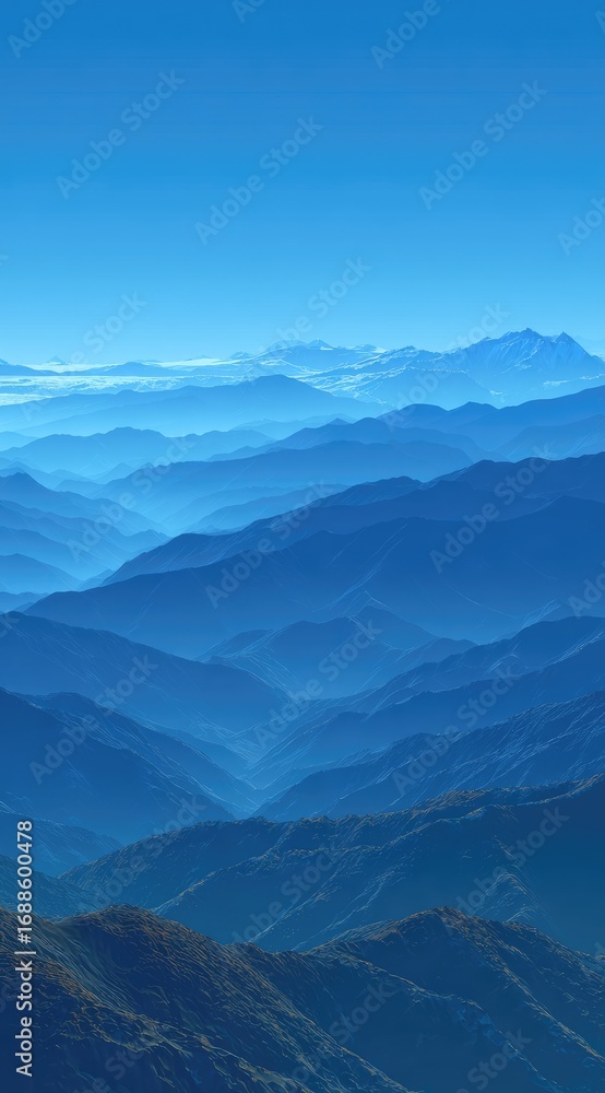 Fototapeta premium Mountain range vista featuring layers of bluish ridges receding into the horizon under a clear, bright blue sky, creating a depth and serenity