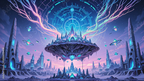 Fantasy city blending technology and nature