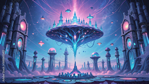 Fantasy city blending technology and nature