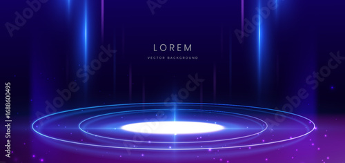 Stage neon circle glowing on blue background with lighting effect. Technology futuristics for product show concept.