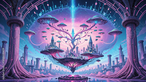 Fantasy city blending technology and nature