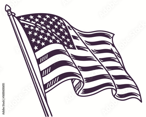 Black and White Outline of a Waving American Flag on White Background usa flag stars and stripes