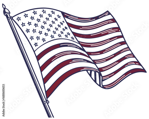 American Flag with Dark Red Stripes and Blue Field Waving on White Background Keywords: American flag, USA flag, stars and stripes, waving flag, patriotic, symbol, freedom, democracy