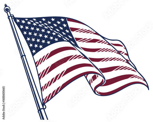 American Flag with Burgundy Stripes and Blue Field Waving on White Background Keywords: American flag, USA flag, stars and stripes, waving flag, patriotic, symbol, freedom, democracy